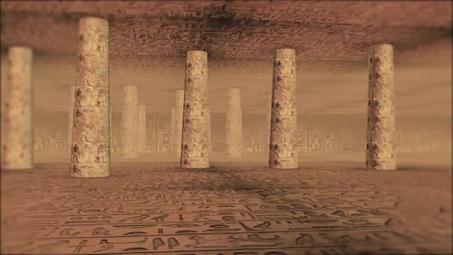 Flying Through Ancient Egyptian Temple Hall with Hieroglyphs