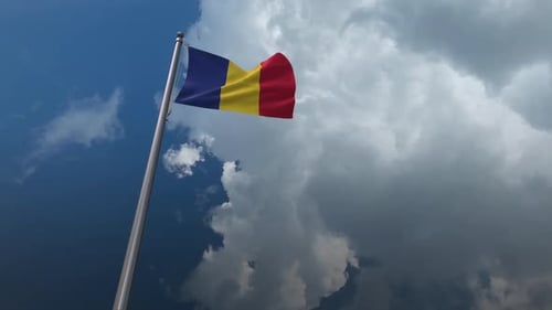 Realistic Romanian Flag Waving in Blue Sky with Clouds