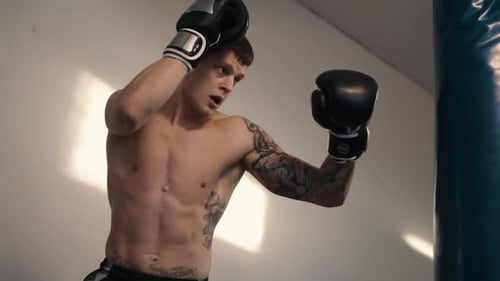 Free Fighter Has Punching Bag in Gym