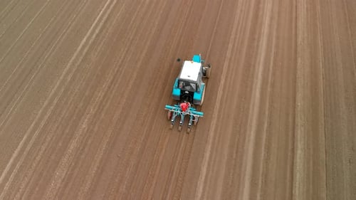 A Blue Tractor Works in the Spring Against the Background of a Huge Brown Field, with a Precise