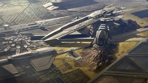 Eine futuristische Militärbasis. Landschaft mit Hangars, Marinekasernen,
Raumschiffen.