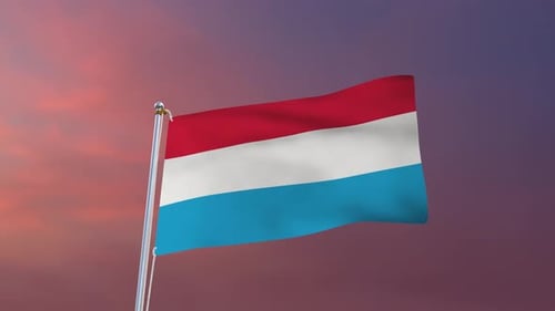 Luxembourg Flag Waving in Wind Against a Sunset Sky
