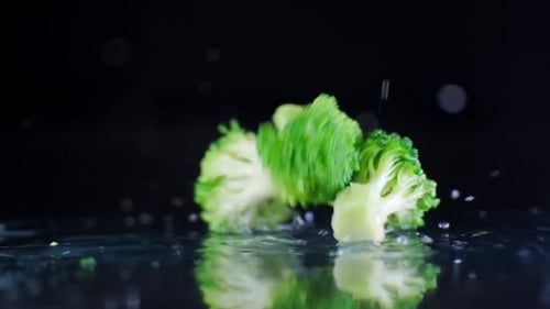 Fresh Broccoli Florets Falling onto Reflective Surface
