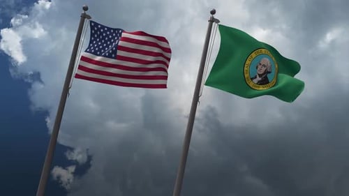 United States and Washington State Flags Waving on Cloudy Sky
