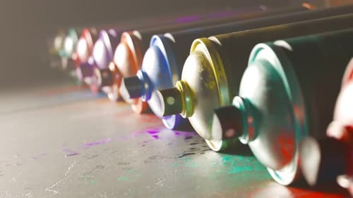 Used, colorful spray paint cans rolling in front of a painted brick wall. 4KHD