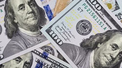 USA money. One hundred bills, banknotes view from top