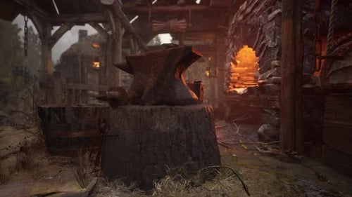 Old Abandoned Blacksmiths Workshop with Rusted Anvil Hammer and Tools