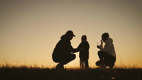 Silhouette Family Enjoying Sunset in Field