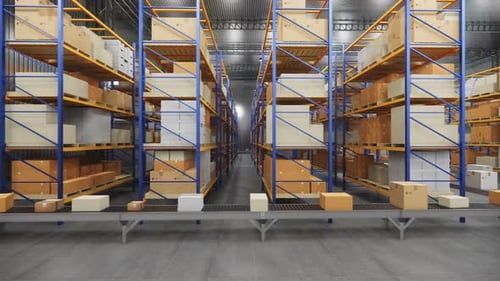 Entrepôt avec boîtes en carton à l'intérieur sur des rayonnages à palettes, centre logistique