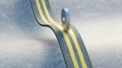 Satisfying looped animation of gear rolling on asphalt road. Realistic animation render