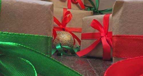 Red and green Christmas presents. Pile of gifts for Christmas.