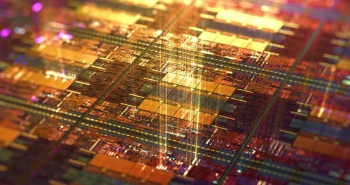 Computer chip with light rays streaming out, high tech background.