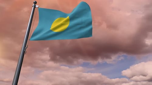 Waving Palau Flag Animation with Cloudy Sky Background