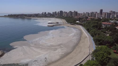 Vue aérienne du mucilage le long de la côte près du port sur la côte de la mer de Marmara, Turquie.