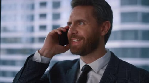 Happy Boss Calling Phone Talking Manager Colleague in Marketing Office Centre