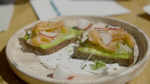 Top View of Healthy Sandwich Toast with Lettuce Ham Cheese Salmon and Coffee