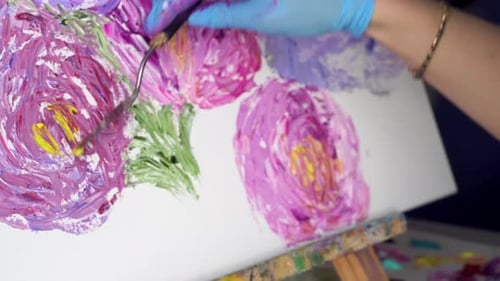 Art painting with palette knife in the workshop