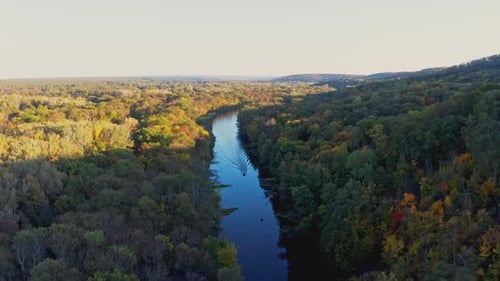 Motorboat Sails on Narrow River Between Lush Trees in Autumn