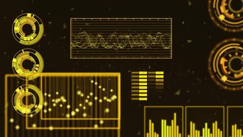 Advanced futuristic graphic interface. Displays abstract diagrams and charts.