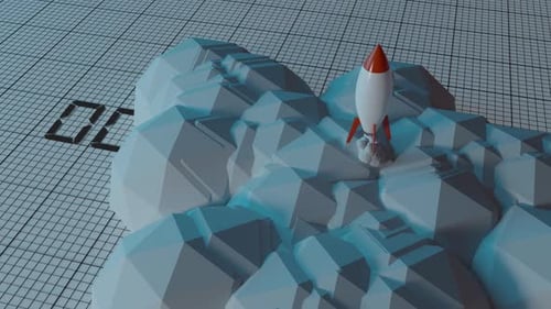 Animated Rocket Launch with Digital Countdown on Grid Background