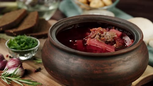 Espolvorear eneldo verde y perejil en un primer plano de borsch hervido Cocinar sopa hecha de remolacha