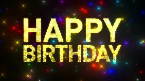 Looping HAPPY BIRTHDAY Marquee over Glitter Multicolored Star Background