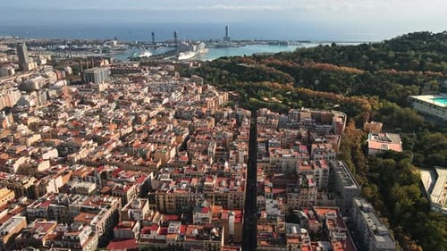 Aerial drone view of Barcelona city at daylight. Montjuic district. Spain