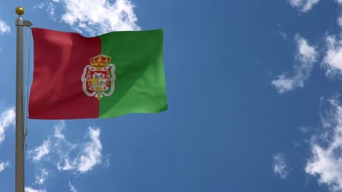 Waving Flag with Coat of Arms on Blue Sky Background