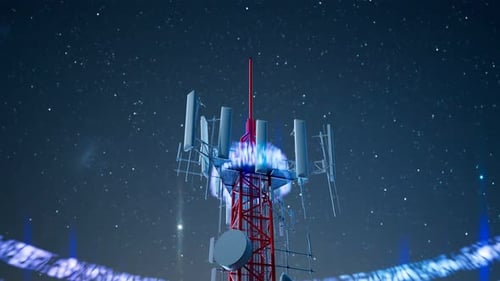 Cell phone tower emits 5G signals. The antenna transmits electromagnetic waves.