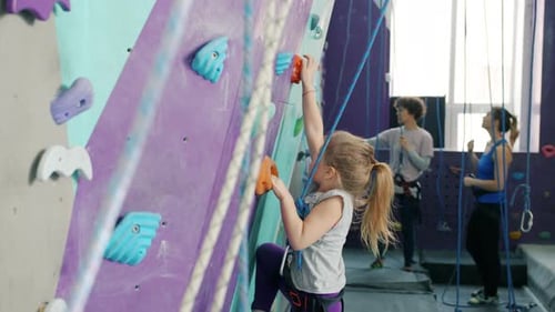 Little Girl Climbing Artificial Wall in Rock-climbing Gym Enjoying Extreme Activity