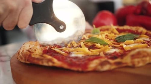 Italian Chef Making Margaritta Pizza with Tomato Sause and Mozzarella Traditional Food in Italy High