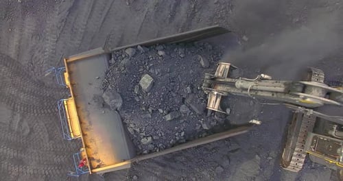 Top View Excavator Loads Coal
