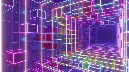 Futuristic Neon Glowing Cubes Tunnel Seamless Loop Background