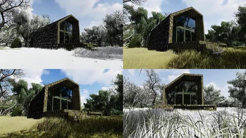 Minimalist Stone Cabin with Seasonal Environment Changes Animation