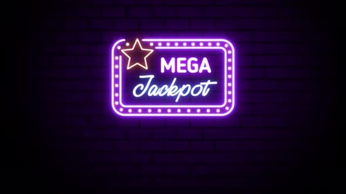 Sinal de néon Mega Jackpot no fundo da parede de tijolos 4K