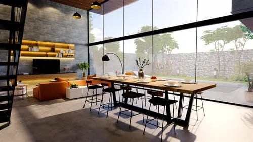 3d rendering. Interior house modern open living space with kitchen.