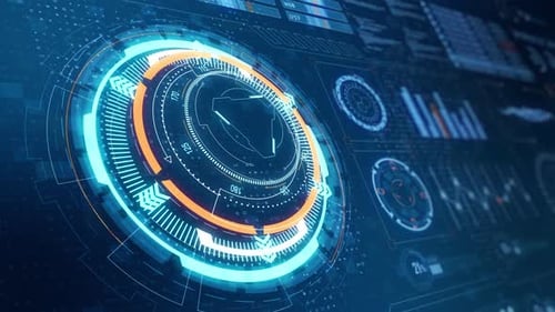 Head-up-Display-Technologie, Schnittstellenbildschirm mit futuristischen 3D-Elementen, Diagramm und Chat-Panel