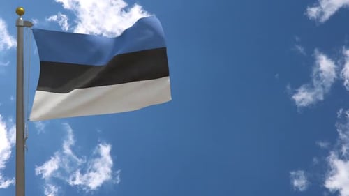 Realistic Estonia Flag Waving on Flagpole Against Blue Sky