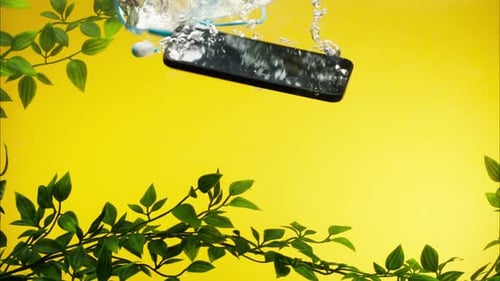 Teléfono inteligente que se hunde con auriculares en el agua, primer plano sobre fondo amarillo que arroja un teléfono móvil