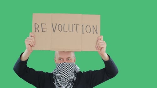 Protester with Revolution Banner During Political Demonstration of Protest