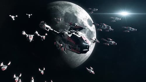 Futuristic Spaceship Armada Journeys Towards a Moon