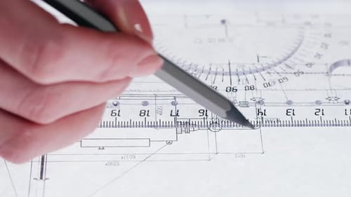 Zeichnungslinie mit Bleistift und Lineal Plan Blueprint Nahaufnahme
