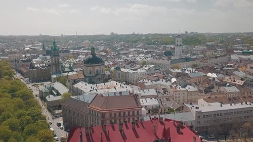 Lvov, Ukraine. Aerial City Lviv, Ukraine. Panorama of the Old Town. Dominican