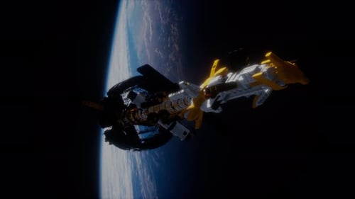 Futuristic Space Station and Spaceship Orbiting Planet Earth