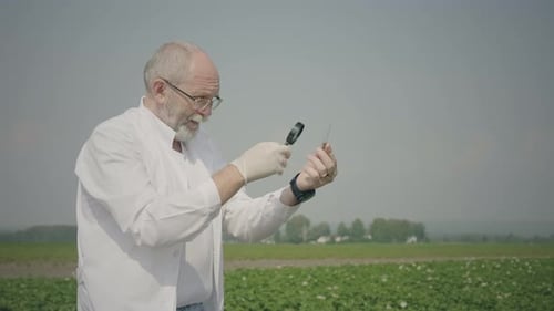 Scientist Inspects Test Tube in Crop Field