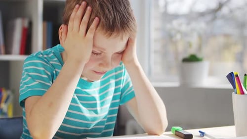 Frustrated Boy Studying at Desk at Home