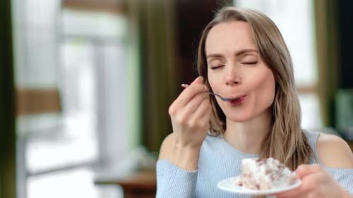 Close Up Face Adorable Woman Eat Appetizing Cake Using Spoon Feeling Pleasant