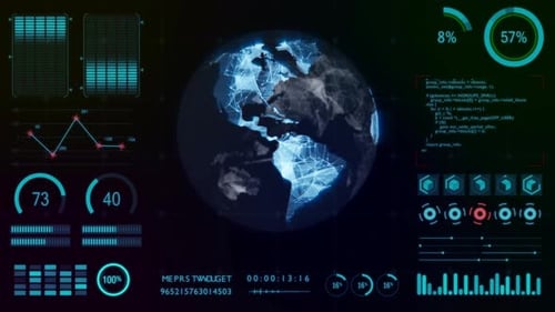 Dashboard data report with blue polygon on earth rotation and HUD graph report