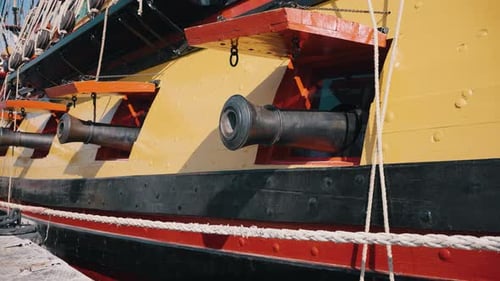 Naval Guns Artillery Installed on Large Warship in Port