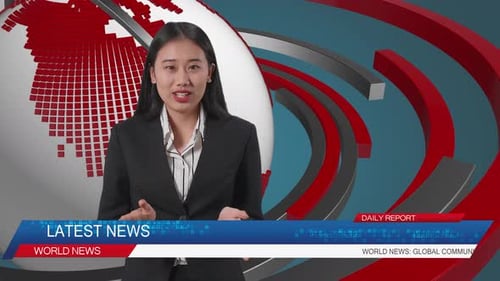 Live News Studio With Asian Professional Female Anchor Reporting On The Events Of The Day